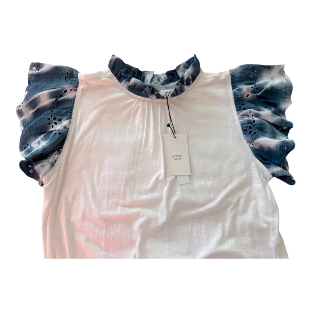 Anthropologie THML all cotton top, white with blue flutter sleeves. Size Medium - Picture 5 of 5